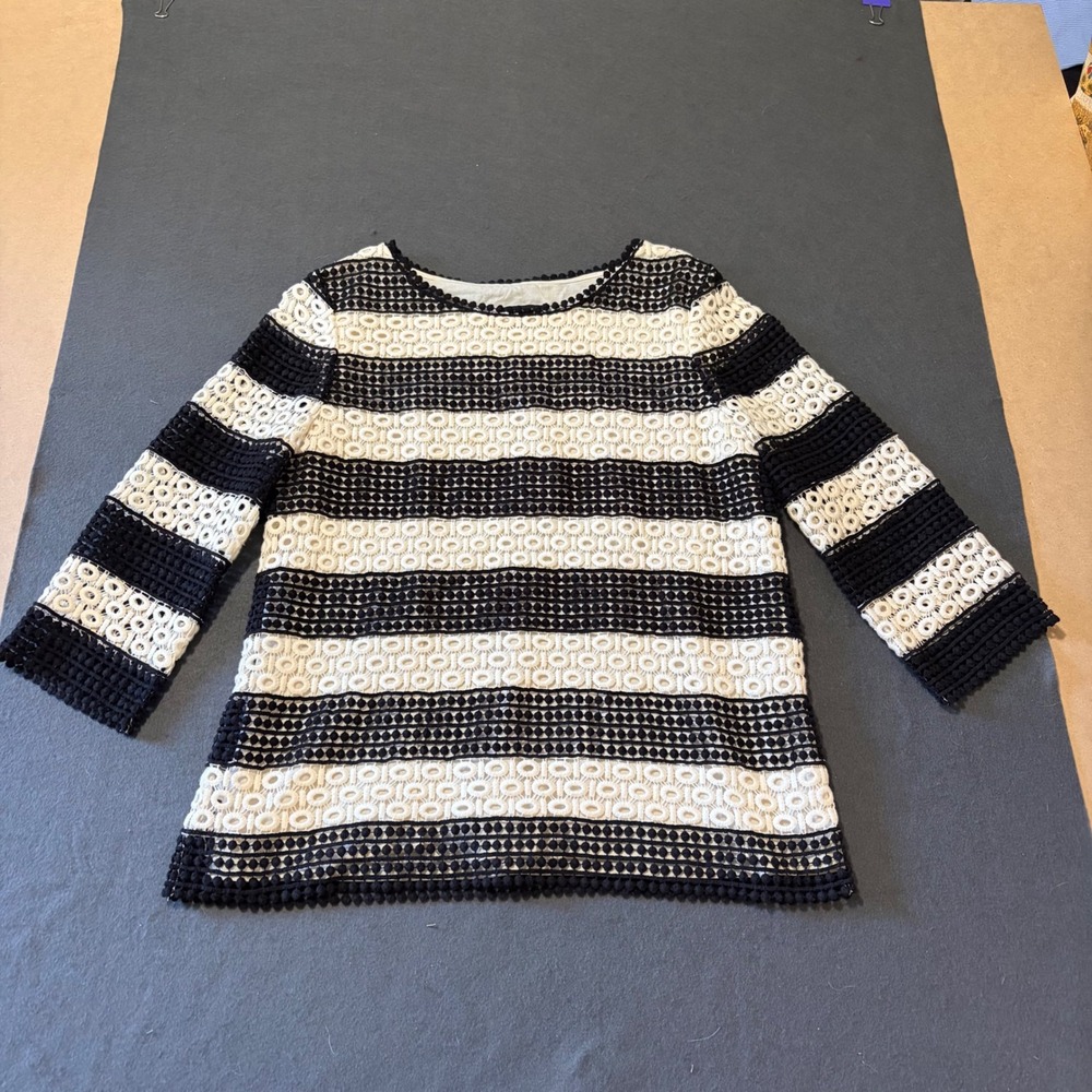 Talbots Eyelet Lace Striped Top Womens S Black White Lace Core Feminine Coastal
